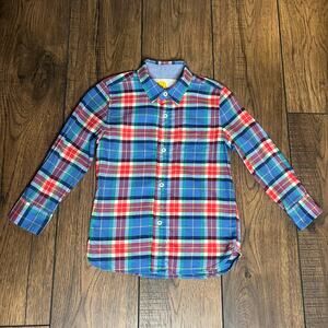 Mini Boden Boys Blue Red Plaid Flannel Button Down 5-6Y 100% Cotton Long Sleeve